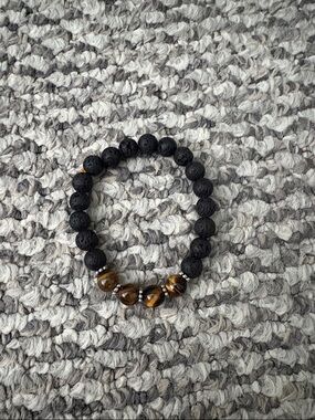 Men's Black Lava Bead Bracelet with Tiger Eye Accents